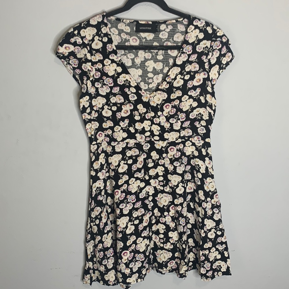 Revolve MinkPink black floral mini dress L